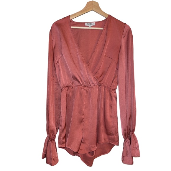 Sabo Skirt Pants - Sabo Skirt | Satin Faux Wrap Bell Sleeve Romper